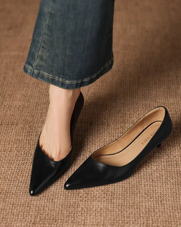 Women's Pointed Toe Kitten Heel Genuine Leather Slip On Pumps Daily Shoes