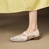 Women's Casual Cutout Leather Low Thick Heel Round Toe Sandals
