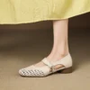 Women's Casual Cutout Leather Low Thick Heel Round Toe Sandals
