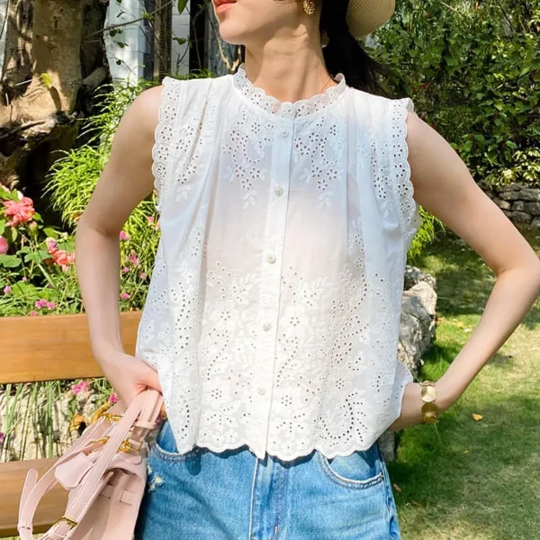 French Riviera Breathable Broderie Anglaise Cotton Sleeveless Blouse