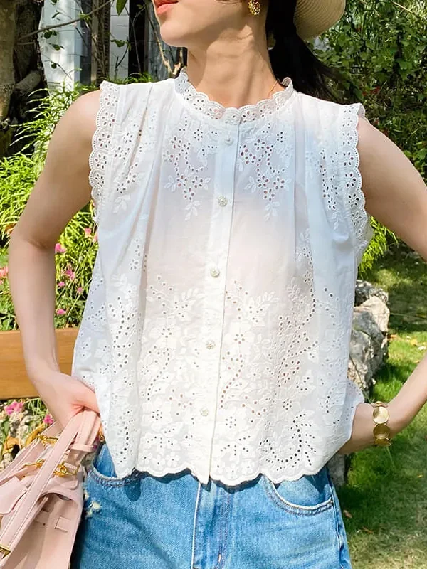 French Riviera Breathable Broderie Anglaise Cotton Sleeveless Blouse
