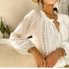 Boho White Breathable Cotton Broderie Anglaise Puff Sleeve Blouse