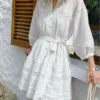 French Riviera Breathable Pure Cotton Broderie Anglaise Mini Shirt Dress