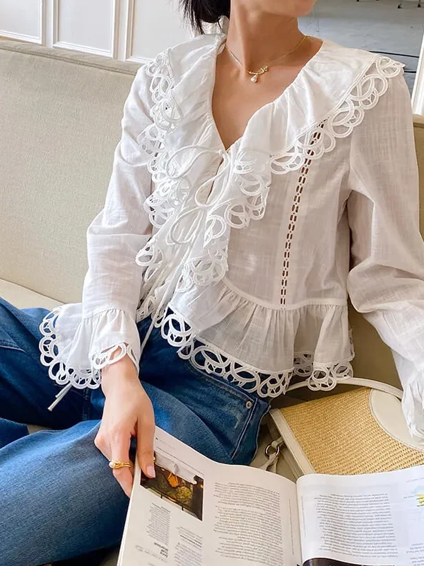 French Riviera Pure Cotton Broderie Anglaise Ruffled Blouse