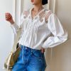 French Riviera White Cotton Broderie Anglaise Long Sleeve Blouse