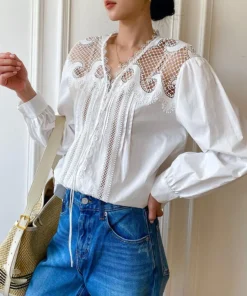 French Riviera White Cotton Broderie Anglaise Long Sleeve Blouse