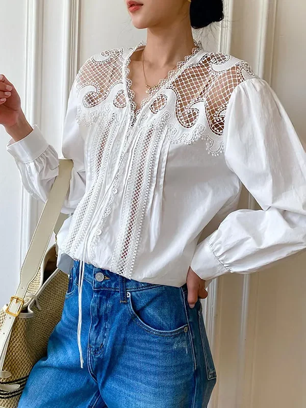 French Riviera White Cotton Broderie Anglaise Long Sleeve Blouse