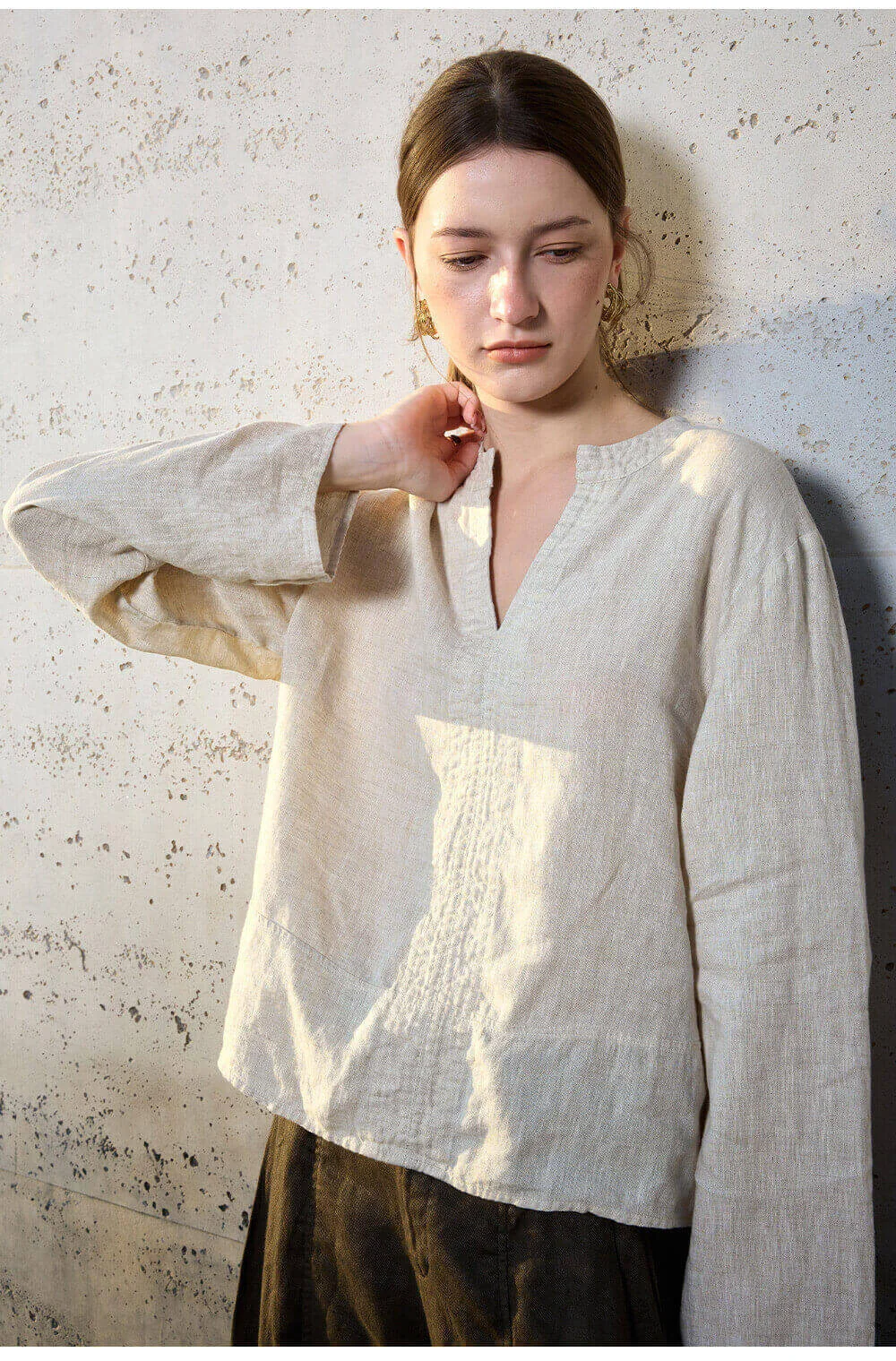 Minimalist Breathable Linen V Neck Long Sleeve Blouse