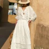 Bohemian Cotton Embroidered Floral V-neck 3/4 Hollow Out Top Midi Skirt