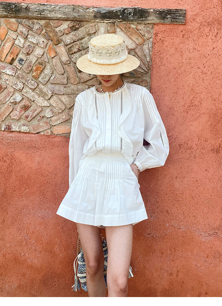 Women's French White Cotton Pleated Long Sleeve Shirt