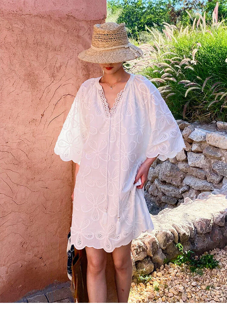 Cotton Embroidered Eyelet Tassel Loose Midi Dress 3/4 Sleeve Boho