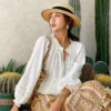 Boho White Breathable Cotton Broderie Anglaise Puff Sleeve Blouse