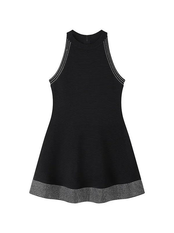 Skin-Friendly Cooling Womens Elegant Sleeveless Rhinestone Stud Black A Line Midi Knit Dress