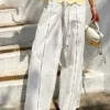 French Riviera Breathable Cotton Linen Ladder Stitch Wide Leg Trousers