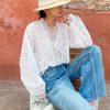 French Cotton Blouse Women Long Sleeve V Neck Loose Lace Embroidery Hollow Top