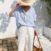 Women's Resort Striped Linen Mix Short Sleeve Loose V Neck Shirt Lace Tassel