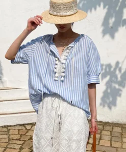 Women's Resort Striped Linen Mix Short Sleeve Loose V Neck Shirt Lace Tassel