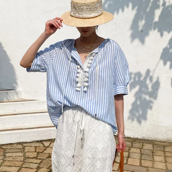 Women's Resort Striped Linen Mix Short Sleeve Loose V Neck Shirt Lace Tassel