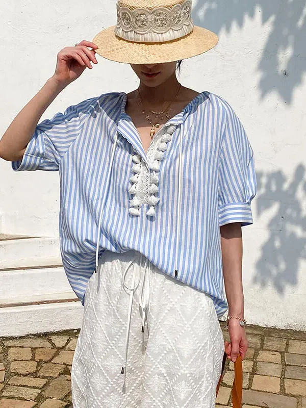 Women's Resort Striped Linen Mix Short Sleeve Loose V Neck Shirt Lace Tassel
