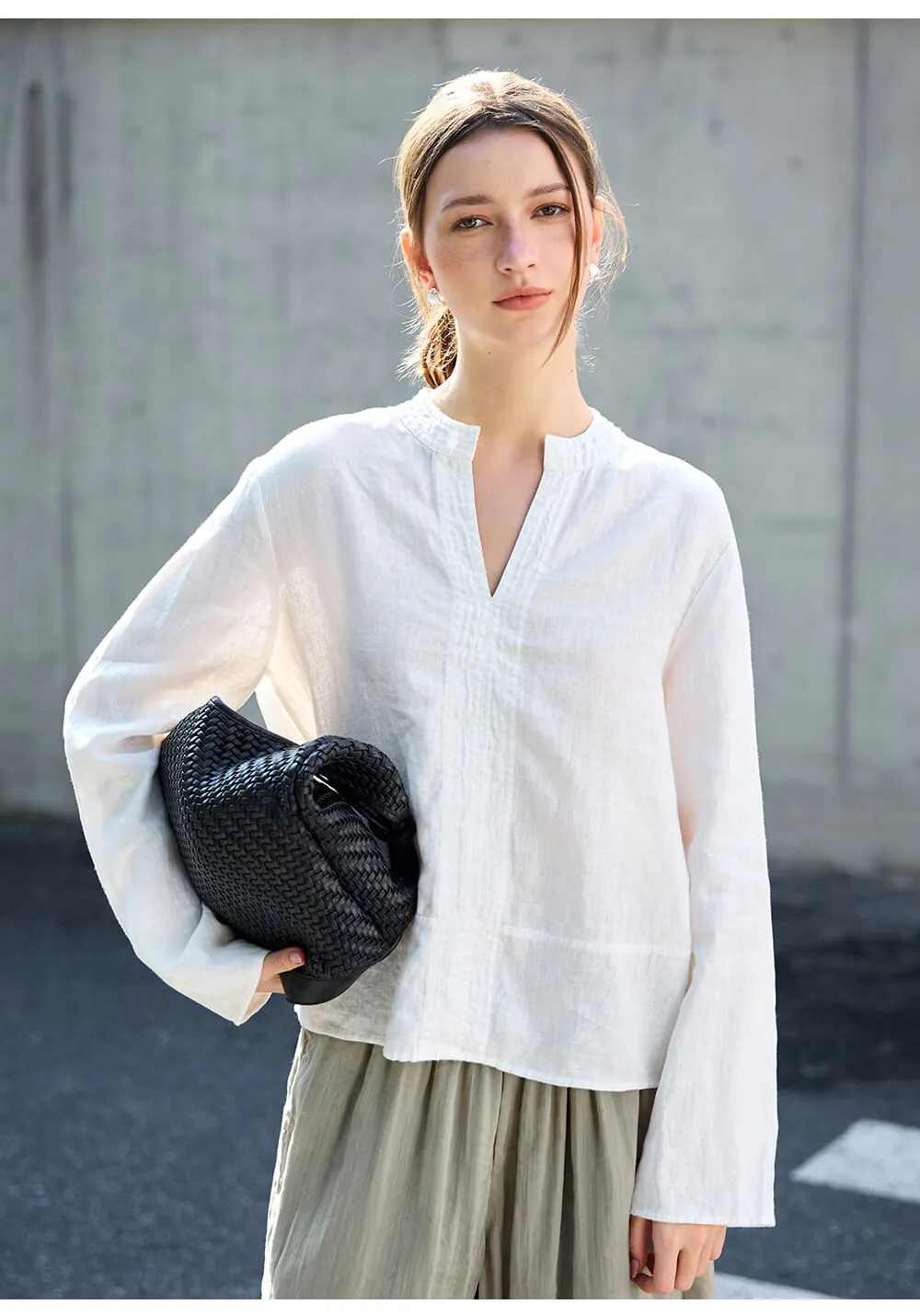 Minimalist Breathable Linen V Neck Long Sleeve Blouse