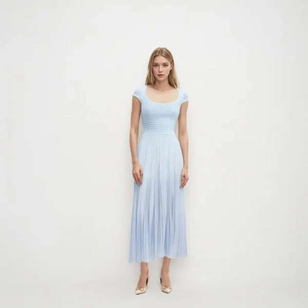 Skin-Friendly Cooling Womens Elegant Solid Square Neck Short Sleeve A Line Midi Knit Dress