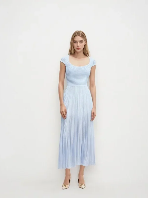 Skin-Friendly Cooling Womens Elegant Solid Square Neck Short Sleeve A Line Midi Knit Dress