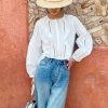 Women's French White Cotton Pleated Long Sleeve Shirt