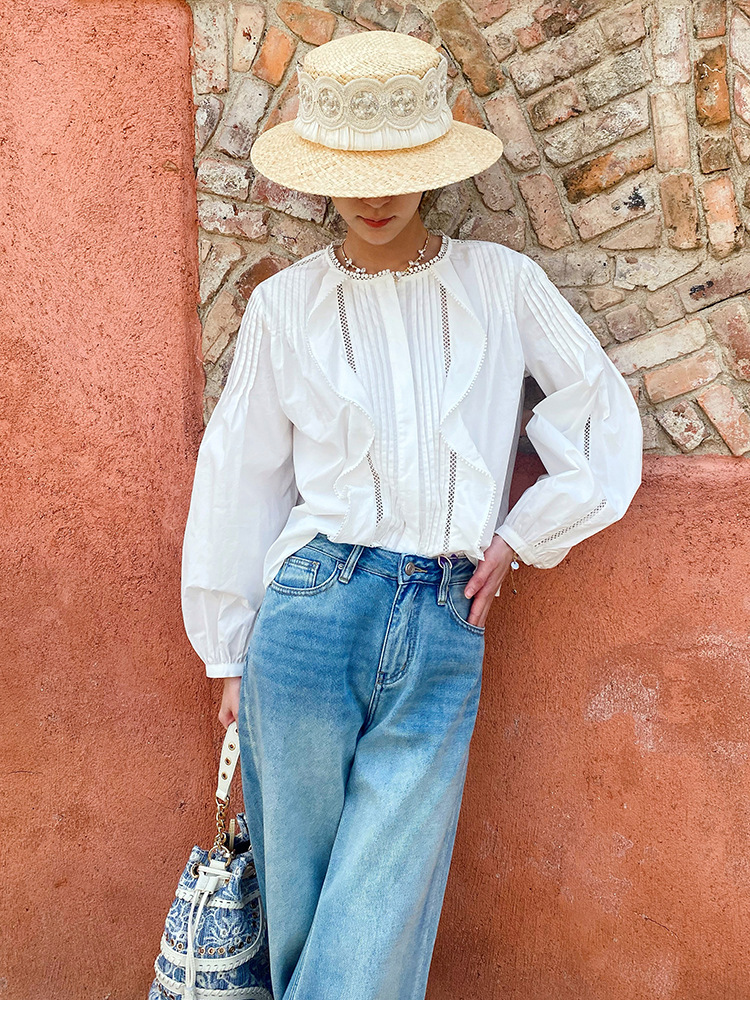 Women's French White Cotton Pleated Long Sleeve Shirt