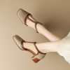 Women's French Retro Cowhide T-Strap Sandals Square Toe Medium Thick Heel