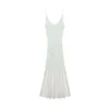 Elegant Women Striped Lurex Tencel Knit Midi Slip Dress Skin-Friendly Cooling V Neck A Line
