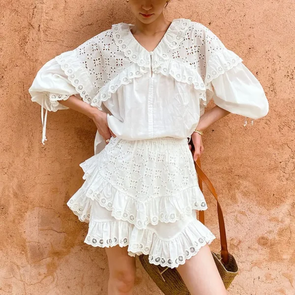 French Embroidered Cotton Skort Women Elegant Literary Retro