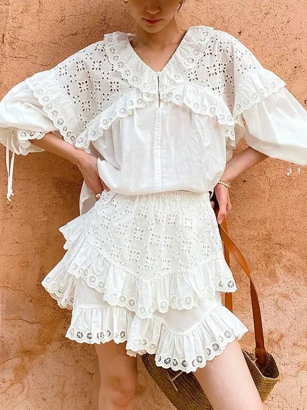 French Embroidered Cotton Skort Women Elegant Literary Retro