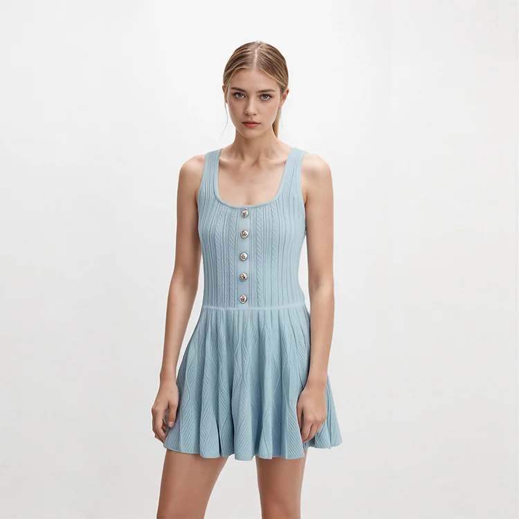 Square Neck Sleeveless Pleated Knit Dress High Waist A-Line Skin-Friendly Cooling