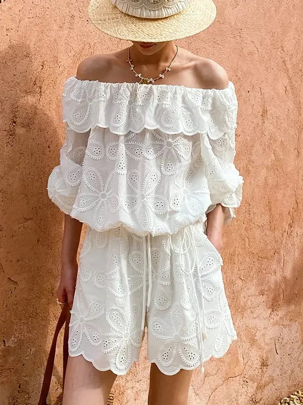 Women's French Boat Neck 3/4 Sleeve Embroidered Floral Cotton Top