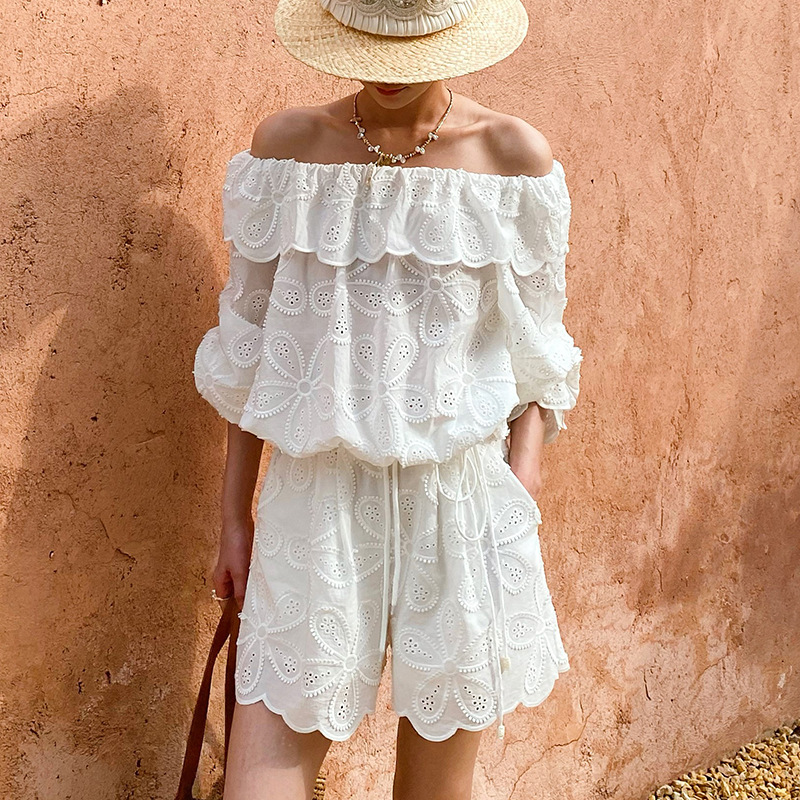 Women's French Boat Neck 3/4 Sleeve Embroidered Floral Cotton Top