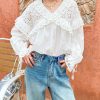 French White Cotton Blouse Long Sleeve V Neck Embroidery Lace Ruffle