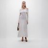Elegant Off-Shoulder Long Sleeve Striped Color-Block Midi Knit Dress Skin-Friendly Cooling