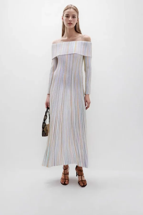 Elegant Off-Shoulder Long Sleeve Striped Color-Block Midi Knit Dress Skin-Friendly Cooling