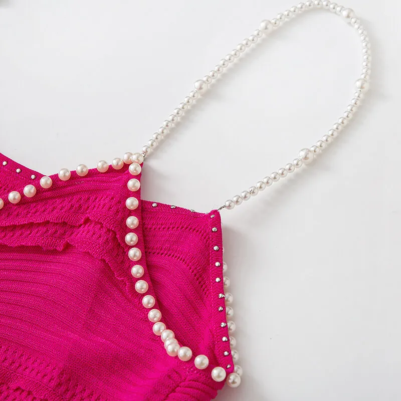 Skin-Friendly Cooling Womens Elegant Pearl Beaded V Neck Sleeveless Midi Knit Fishtail Dress