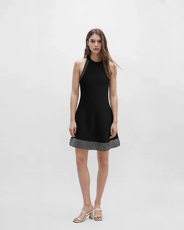 Skin-Friendly Cooling Womens Elegant Sleeveless Rhinestone Stud Black A Line Midi Knit Dress