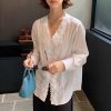 French Women's Long Sleeve V-Neck Solid Shirt Lace Patchwork Linen Tencel