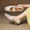 Women's Casual Cutout Leather Low Thick Heel Round Toe Sandals