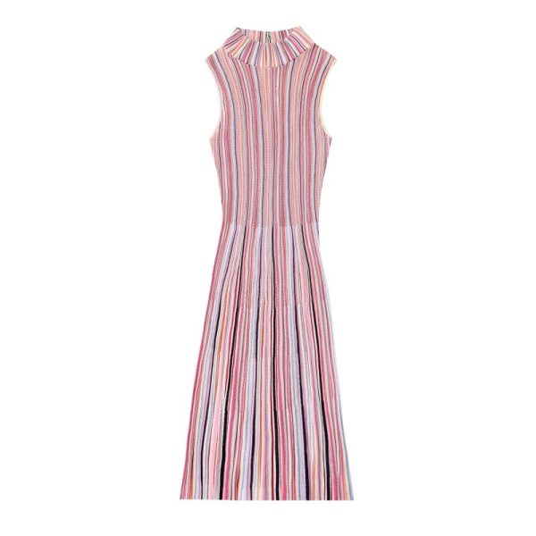 Womens Elegant Sleeveless Striped Knit Midi Dress Skin-Friendly Cooling High Waist A Line