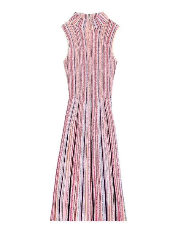 Womens Elegant Sleeveless Striped Knit Midi Dress Skin-Friendly Cooling High Waist A Line