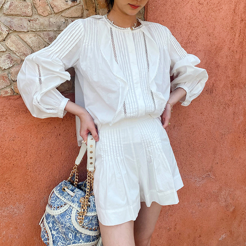 Women's French White Cotton Pleated Long Sleeve Shirt