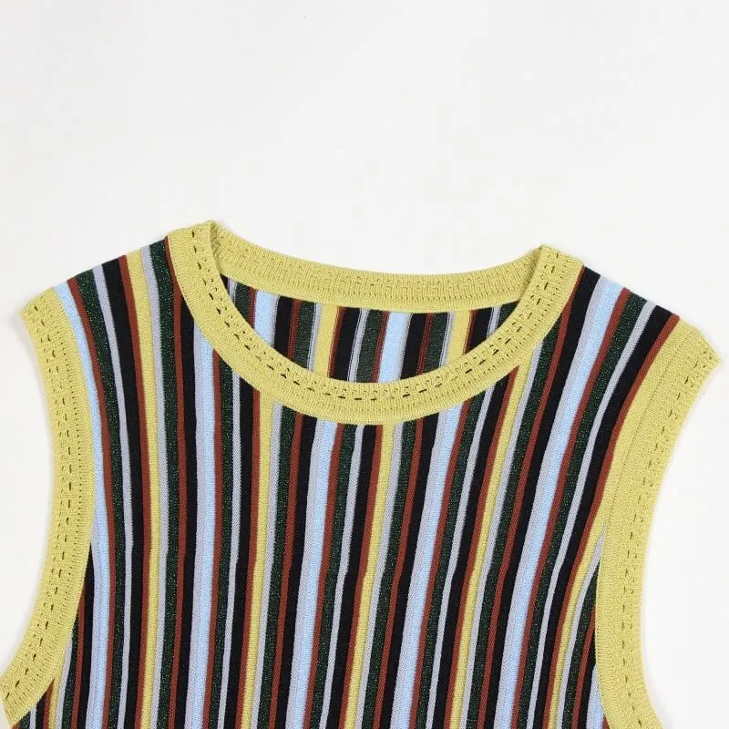 Skin-Friendly Cooling Womens Elegant Metallic Striped Sleeveless Knit High Waist Midi Dress