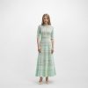 Elegant Light Green Hollow Out Knit Midi Dress Short Sleeve High Waist