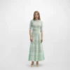 Elegant Light Green Hollow Out Knit Midi Dress Short Sleeve High Waist