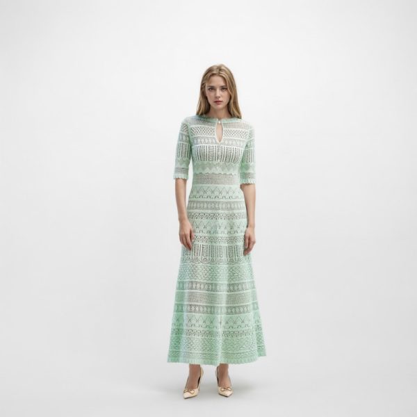 Elegant Light Green Hollow Out Knit Midi Dress Short Sleeve High Waist