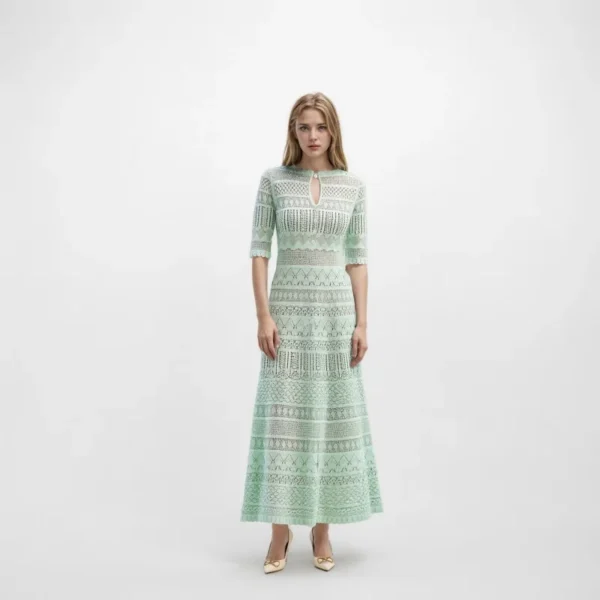 Elegant Light Green Hollow Out Knit Midi Dress Short Sleeve High Waist